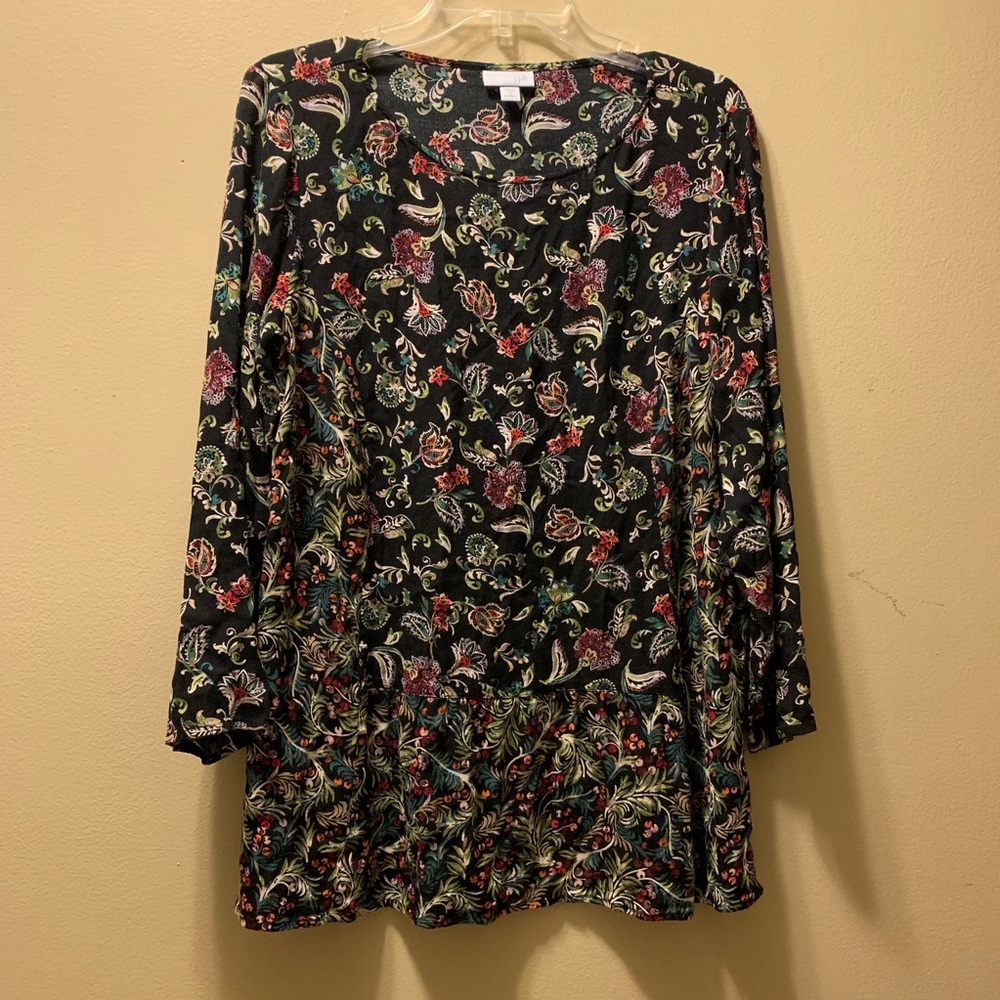 J.Jill Black Patterned Top with Ruffle Detail 1x